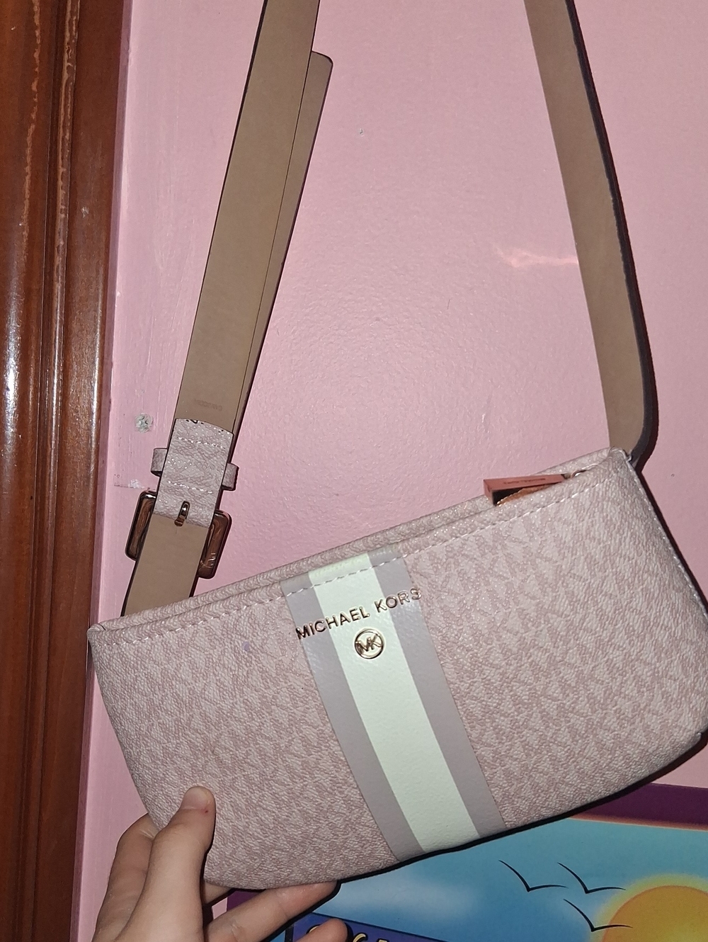 Michael Kors Blush Pink Logo Crossbody Belt Bag with Ivory Stripe